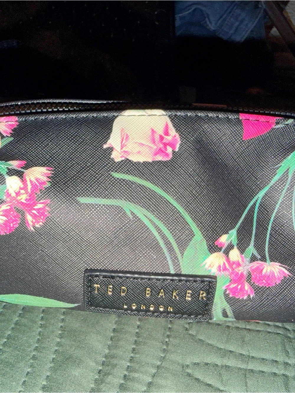 Ted Baker Black Floral Cosmetic Pouch with Pink and Green Accents